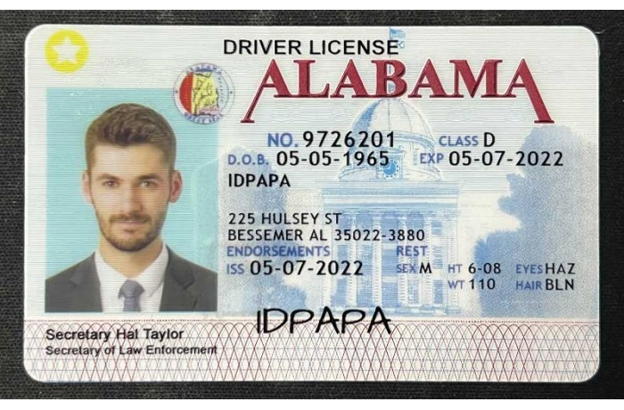 Novelty driver's license from Alabama, designed for entertainment purposes.