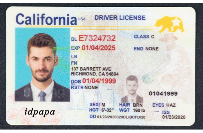 A novelty California driver's license, which includes various identification details such as name, address, and physical characteristics.