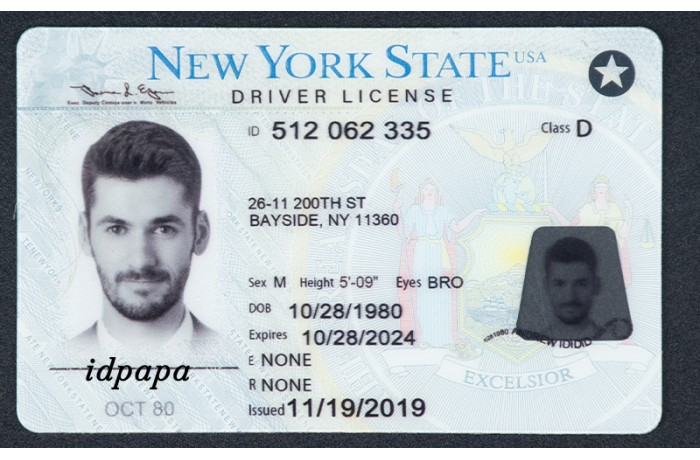 Novelty New York State driver's license featuring typical security elements like holograms and a secondary photo.